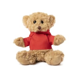 A plush teddy bear in light brown with a red hoodie, featuring round eyes and a stitched nose. It has a branding logo.