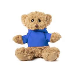 A plush teddy bear with a fluffy tan coat, wearing a blue hoodie. The bear has large, round eyes.