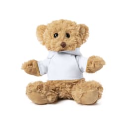 A plush teddy bear in light brown with a white jumper, featuring a friendly face and soft, fluffy texture.