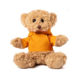 A plush teddy bear in a yellow hoodie, featuring soft fur and a friendly expression, sits with arms open.