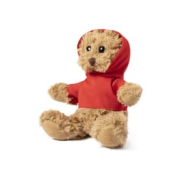 A plush toy bear in a red hoodie, featuring soft, fluffy fur and a friendly expression. It has branded details.