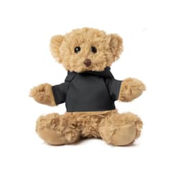 A plush teddy bear is dressed in a black hoodie, featuring a furry tan body and button-like eyes.