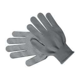 A pair of grey gloves with a textured, dotted surface for grip and flexibility. The gloves have a snug fit.