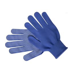 Blue gloves with a textured grip on one side and a smooth finish on the other, featuring a logo.