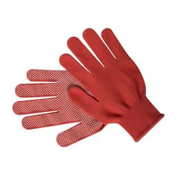 Red gloves with a textured grip on the palms and fingers, featuring a knitted wrist cuff.