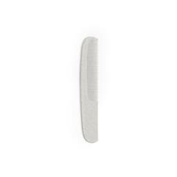 A grey comb with fine and wide teeth, featuring a minimalist design and a subtle logo.