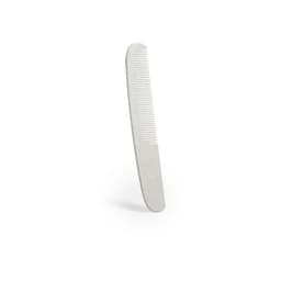 A grey comb with a smooth finish, featuring fine and wide teeth, and a simple design.