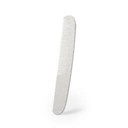 A white comb with a smooth handle and fine teeth, featuring a minimalist design.