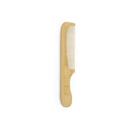 A bamboo comb with a smooth handle and fine-toothed design, showcasing a natural wood colour.