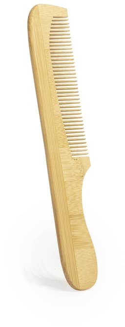 A bamboo comb with a smooth handle and fine teeth, designed for hair care. It has a natural wood finish.