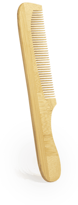 A bamboo comb with fine and wide teeth, featuring a natural wood finish. It includes a logo.