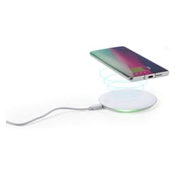A wireless charger in white with a smartphone above it showing a battery charging symbol. The charger has a light indicator.