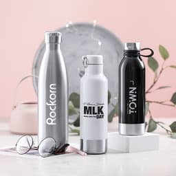 A drink bottle collection featuring stainless steel silver, white, and black bottles with various designs and a logo.