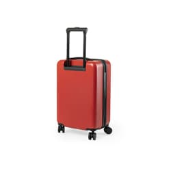 A red wheeled travel bag with a retractable handle and four wheels. Features a sleek, rounded design.