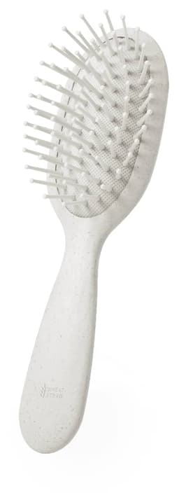 A white hairbrush with a curved handle and wide bristles, featuring a branded logo on the side.