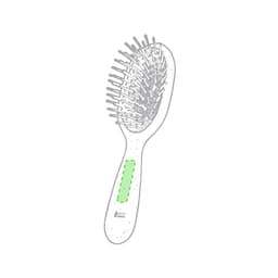 A hairbrush with a white handle and green accents, featuring flexible bristles and a contoured design, has a logo.
