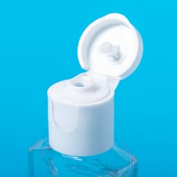 A clear hand sanitiser bottle with a white cap, featuring an open flap for dispensing.