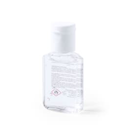 A clear hand sanitiser bottle with a white cap, featuring a logo and information on the back.