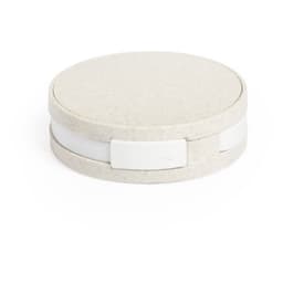 A round, speckled light grey USB drive with a white connector section and a smooth, minimalist design. It has a logo.