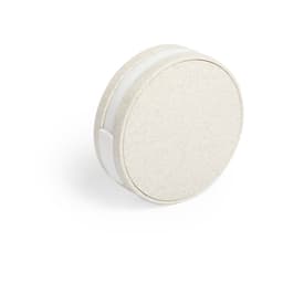 A round, white USB drive with a textured surface, featuring a simple design and a small branding element.