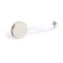A beige USB hub with a retractable white cable, featuring a slot for additional USB connections and a brand logo.