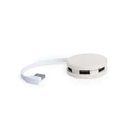 A white USB hub featuring multiple ports and a disc-shaped design with a connecting cable.