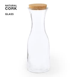 A drink bottle made of clear glass with a natural cork lid, featuring a sleek, tall design.