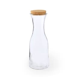 A drink bottle made of clear glass with a cork stopper, featuring a sleek, curved design.