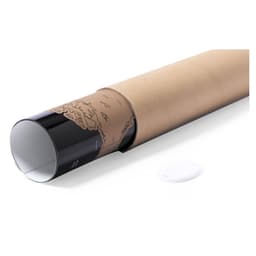 A poster tube featuring a black and brown design, containing a rolled map inside and a white tag beside it.