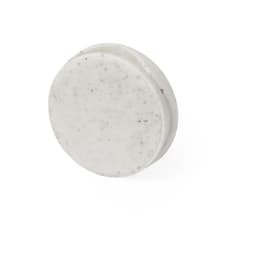 A white phone stand with a smooth texture, featuring small speckles throughout, and a subtle branding logo.