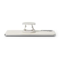 A phone stand in white with a sleek design, featuring a circular top and a sturdy base. It has a logo on the front.