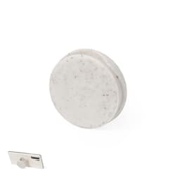 A round, speckled white phone stand with a silver attachment for secure device support.