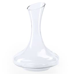 A glass wine decanter with an elegant, curved design, featuring a clear, transparent finish.