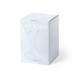 A wine decanter in a clear glass design, packaged in a white box with a logo.