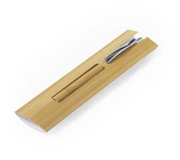 A bamboo pen pouch with a silver pen inside, featuring a sleek and minimal design.