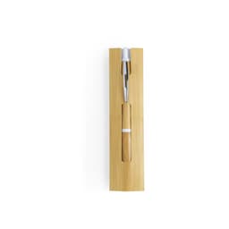A bamboo pouch holds a sleek pen with a wooden handle and a silver nib, featuring a simple logo.
