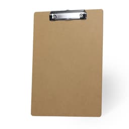 A brown clipboard with a silver metal clip, designed for holding papers securely.