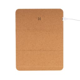 A wireless charger with a cork surface, featuring a connected charging cable. The design is simple and natural.