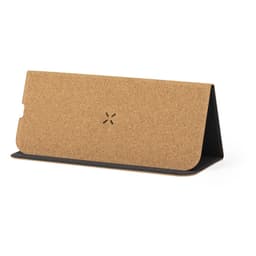 A wireless charger with a cork exterior and a black base, featuring a minimalist design and a logo.