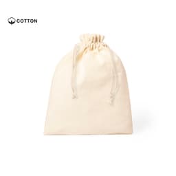 A cream-coloured cotton drawstring bag with a gathered top and light cord. It features a logo at the top.