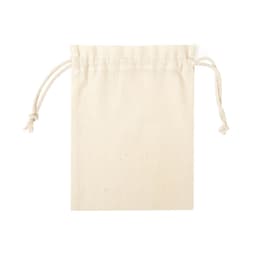 A beige drawstring bag made of fabric, featuring a simple design and a natural finish.