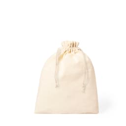 A cream-coloured drawstring bag made of fabric, featuring a natural-toned decorative cord.