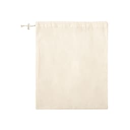A cream-coloured drawstring bag with a simple design and a toggle closure. It features a logo on one side.