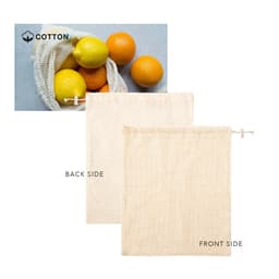 A cotton bag with a drawstring, featuring a textured front side and a smooth back side. Orange and yellow lemons inside.