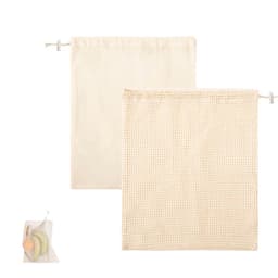 A set of cream-coloured bags, one smooth and one with a mesh design, both with drawstring closures.