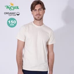 A light cream organic cotton adult T-shirt featuring a round neckline and short sleeves, complete with a logo.