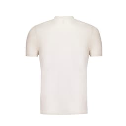 A plain cream-coloured adult T-shirt with short sleeves and a fitted style. It features a logo on the back.