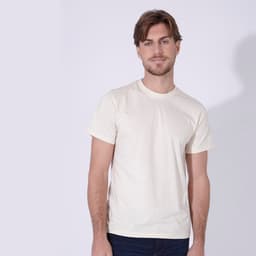 A natural beige adult T-shirt with a classic fit and short sleeves, featuring a logo.