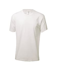 A plain white adult t-shirt with short sleeves, featuring a label and a logo on the neckline.