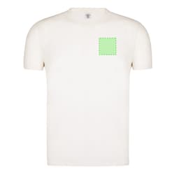 A cream-coloured organic adult T-shirt featuring a green square patch and a small logo on the neckline.